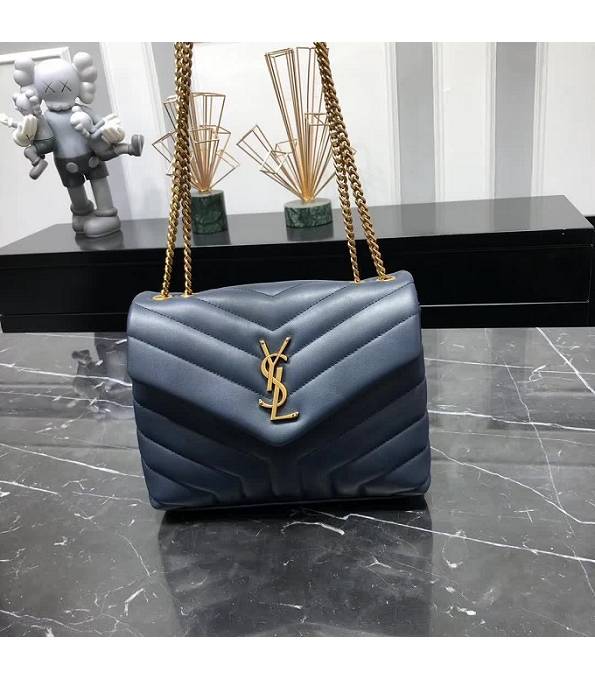 YSL Loulou Blue Original Matelasse Calfskin Leather Golden Metal Small Chains Bag