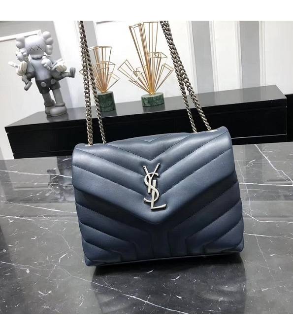 YSL Loulou Blue Original Matelasse Calfskin Leather Silver Metal Small Chains Bag