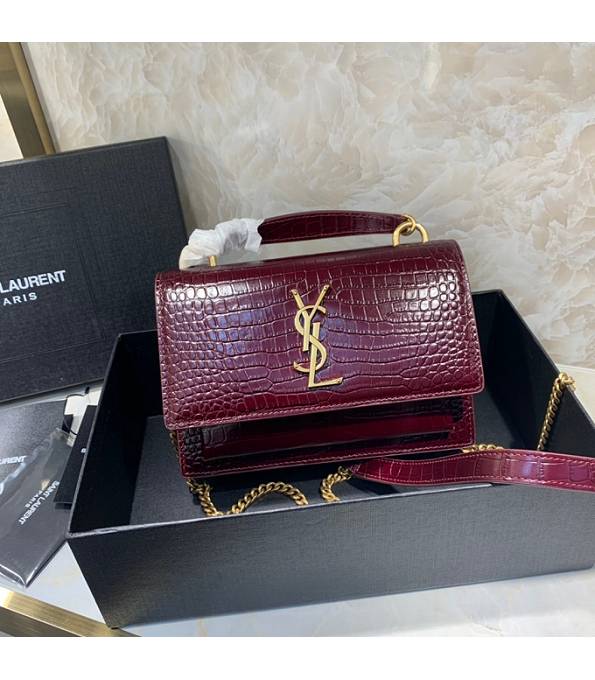 YSL Sunset Wine Red Original Croc Veins Leather Golden Metal Wallet On Chain