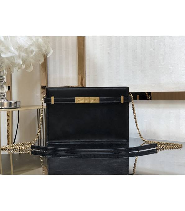 YSL Black Original Plain Veins Leather Golden Metal 24cm Manhattan Chain Bag