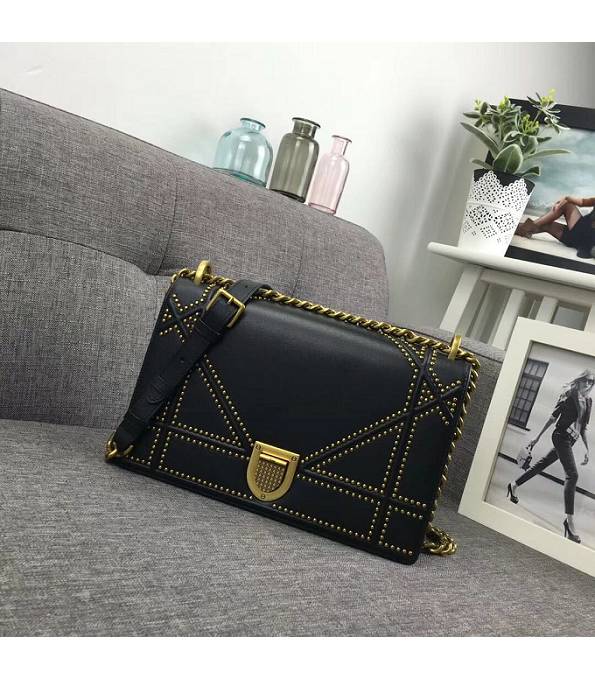 Christian Dior Diorama Original Plain Veins Leather Golden Metal Bead 25cm Shoulder Bag Black