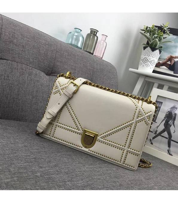 Christian Dior Diorama Original Plain Veins Leather Golden Metal Bead 25cm Shoulder Bag White