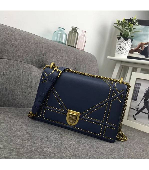 Christian Dior Diorama Original Plain Veins Leather Golden Metal Bead 25cm Shoulder Bag Blue