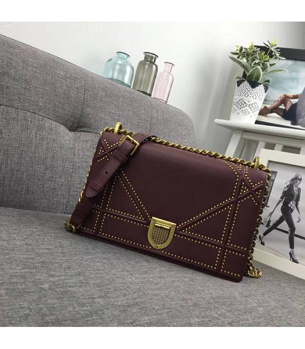 Christian Dior Diorama Original Plain Veins Leather Golden Metal Bead 25cm Shoulder Bag Wine Red