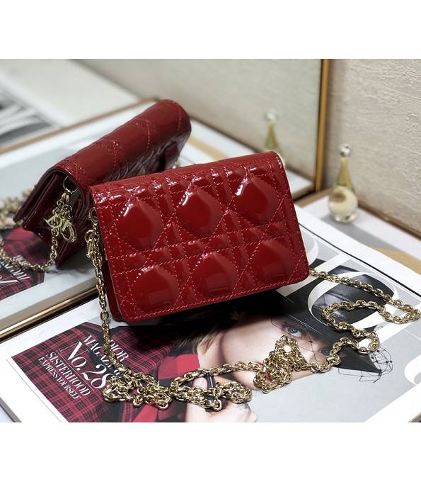 Christian Dior Lady Nano Red Original Cannage Topstitching Patent Leather Clutch With Golden Chain