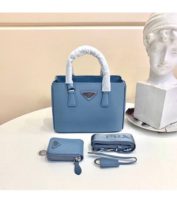 Prada Galleria Light Blue Original Cross Veins Leather Golden Metal Medium Tote Bag