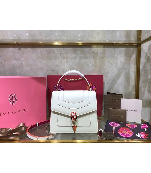 Bvlgari White/Rose Red Original Calfskin Leather 20cm Mini Tote Bag