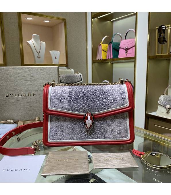 Bvlgari Grey Original Snake Veins Calfskin Leather Red Welting Leather Serpenti Diamond Blast Small Bag