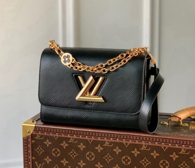 Louis Vuitton Twist MM Bag with Monogram Flower Chain M50282 Black 2022