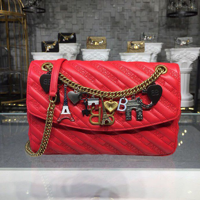 Balenciaga Lock Round BB Logo Quilted Matelasse Charms Chain Shoulder Bag 28cm Calfskin Leather Spring Summer 2018 Collection Red