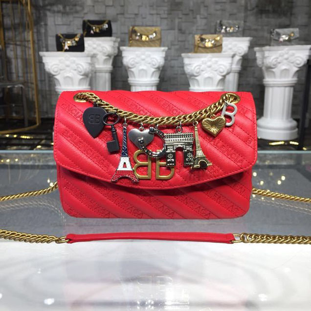 Balenciaga Lock Round BB Logo Quilted Matelasse Charms Chain Shoulder Bag 22cm Calfskin Leather Spring Summer 2018 Collection Red