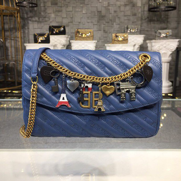 Balenciaga Lock Round BB Logo Quilted Matelasse Charms Chain Shoulder Bag 28cm Calfskin Leather Spring Summer 2018 Collection Blue