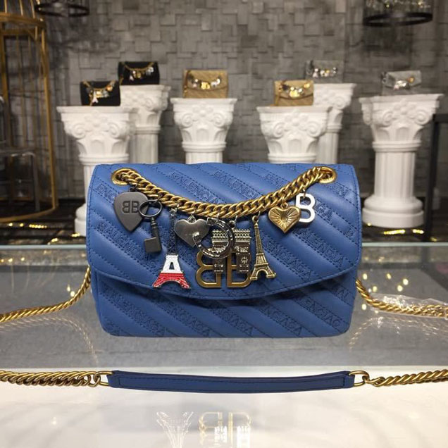 Balenciaga Lock Round BB Logo Quilted Matelasse Charms Chain Shoulder Bag 22cm Calfskin Leather Spring Summer 2018 Collection Blue