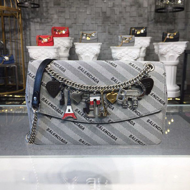 Balenciaga Lock Round BB Logo Charms Chain Shoulder Bag 28cm Calfskin Leather Spring Summer 2018 Collection Grey