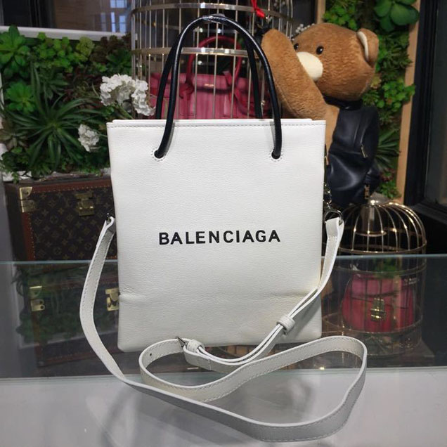 Balenciaga Logo Pebbled Leather Shopping Tote Bag 20cm Spring Summer 2018 Collection White