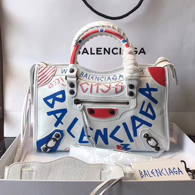 Balenciaga Graffiti Classic Small City Bag in Crumpled Lambskin White