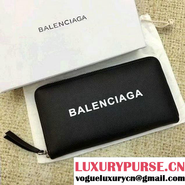 Balenciaga Everyday Logo Calfskin Zip Around Wallet Black 2017 (JM-7103008 )