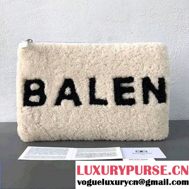 Balenciaga Shearling Small Pouch With Zipper White 2017 (2A055-7111618 )