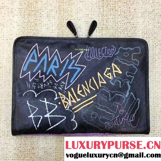 Balenciaga Graffiti Calfskin Bazar Pouch Black 2017 (JM-7111605 )