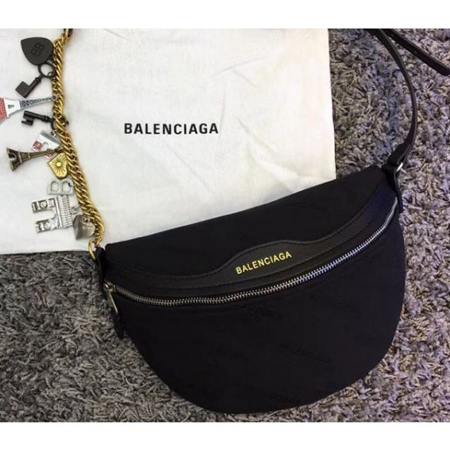 Balenciaga Jacquard Logo Wheel Belt Pack Bag Black with Charms 2018