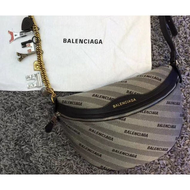 Balenciaga Jacquard Logo Wheel Belt Pack Bag Gray with Charms 2018