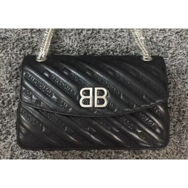 Balenciaga Matelassé Embroidered Logo BB Shoulder Bag Black with Chain Strap 2018