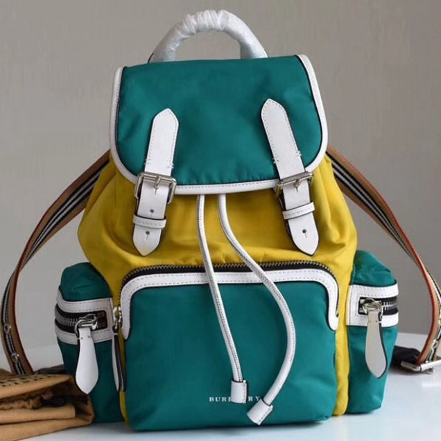 Burberry Medium Rucksace in Colour Block Nylon and Leather Green/Yellow 2018 Collection