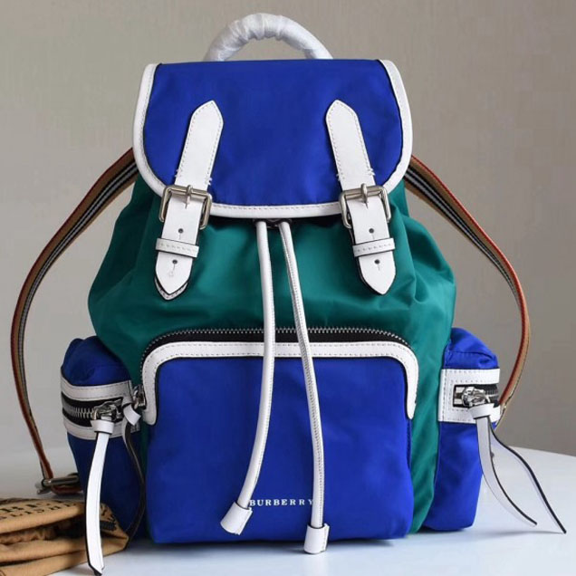 Burberry Medium Rucksace in Colour Block Nylon and Leather Blue/Green 2018 Collection