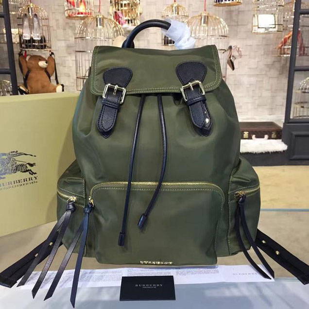 Burberry Rucksack Large Backpack Technical Nylon and Leather Fall Winter 2016 Collection Dark Green