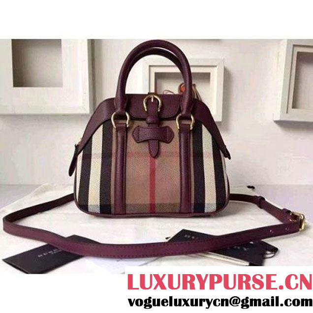 Burberry Small House Check And Leather Bowling Bag Burgundy (2A016-6030419 )