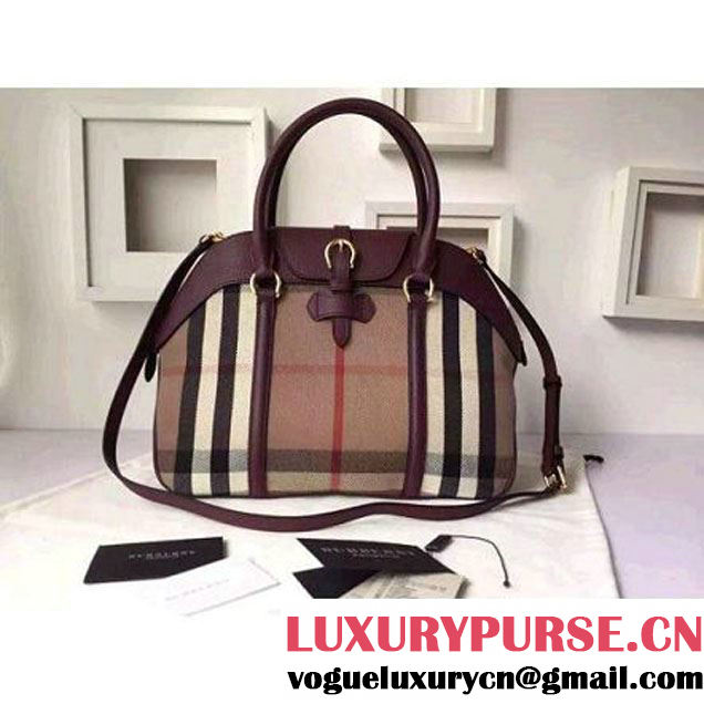 Burberry Large House Check And Leather Bowling Bag Burgundy (2A016-6030425 )