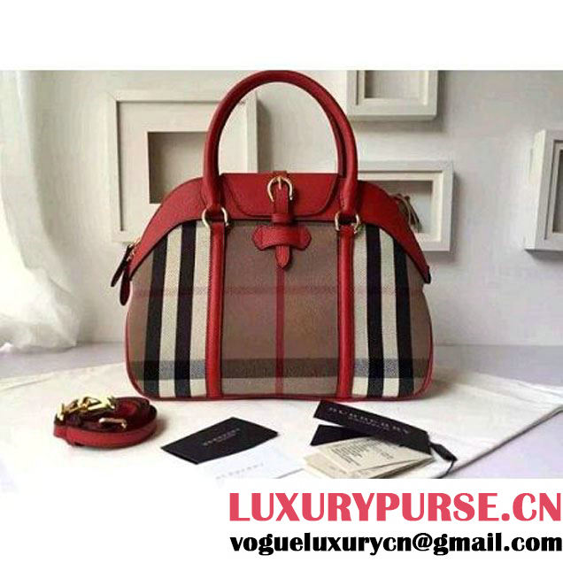 Burberry Large House Check And Leather Bowling Bag Red (2A016-6030428 )