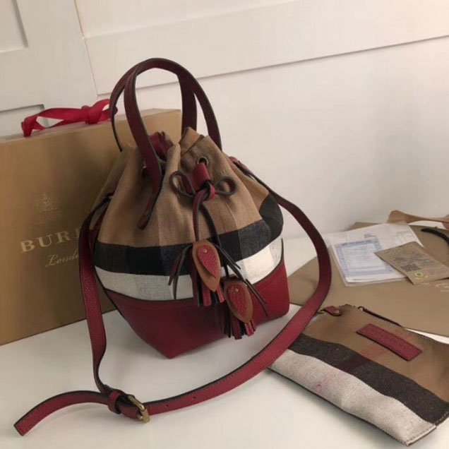 Burberry House Check and Leather Tassel Drawing Bucket Bag Burgundy 2018 Collection