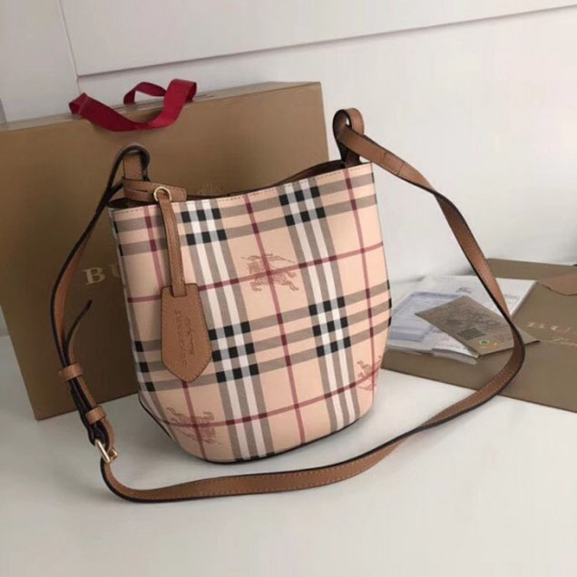 Burberry Haymarket Check and Leather Bucket Shoulder Bag Brown 2018 Collection