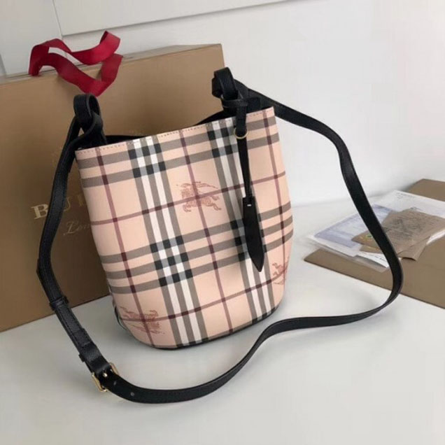 Burberry Haymarket Check and Leather Bucket Shoulder Bag Black 2018 Collection