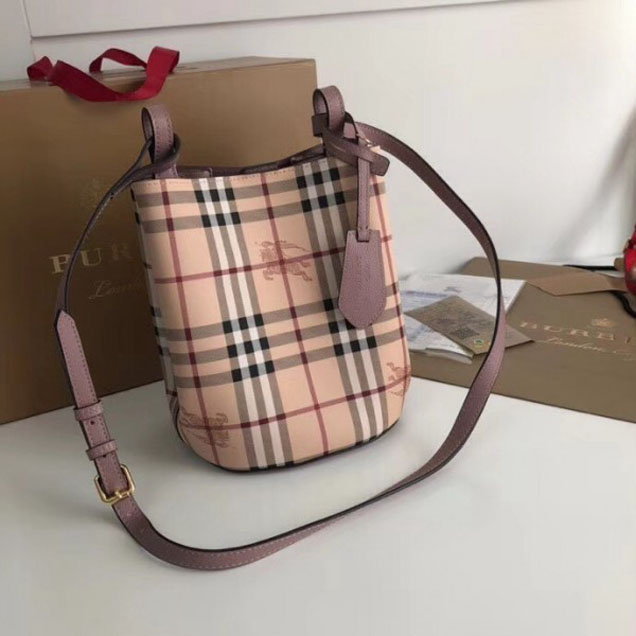 Burberry Haymarket Check and Leather Bucket Shoulder Bag Pink 2018 Collection