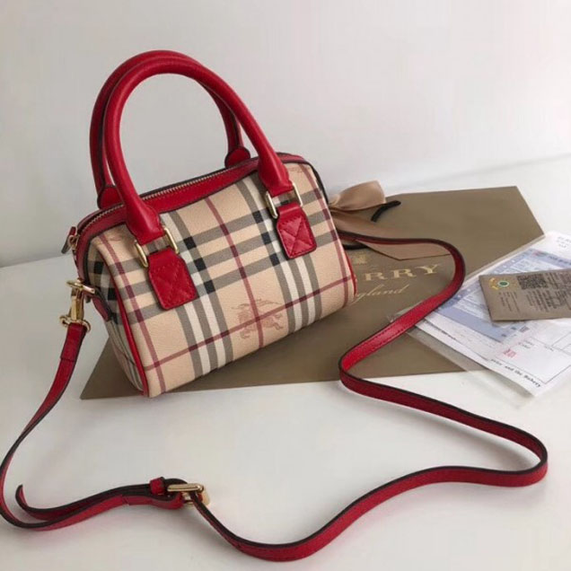 Burberry Haymarket Check and Leather Shoulder Bag Red 2018 Collection