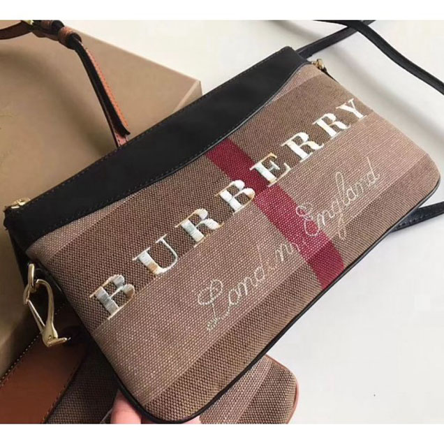 Burberry Embroidry Check Canvas & Leather Crossbody Bag Black Collection