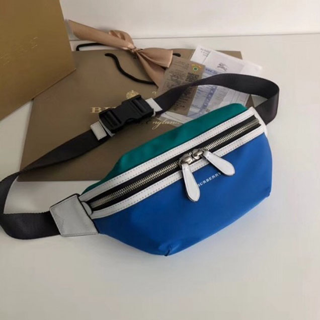 Burberry. Tri-tone Nylon and Leather Bum Bag Green/White/Blue 2018 Collection