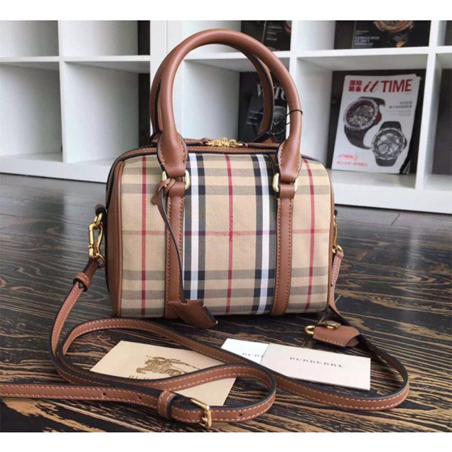 BURBERRY THE SMALL ALCHESTER IN HOUSE CHECK AND LEATHER BOWLING BAG BROWN OCHRE