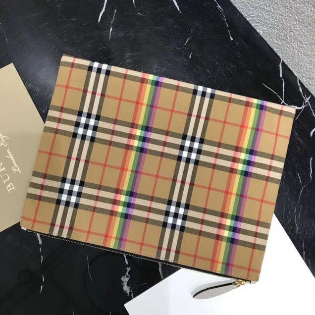 Burberry Large Rainbow Vintage Check Pouch White Leather 2018 Collection