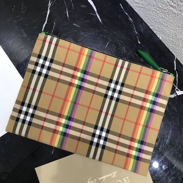 Burberry Large Rainbow Vintage Check Pouch Green Leather 2018 Collection