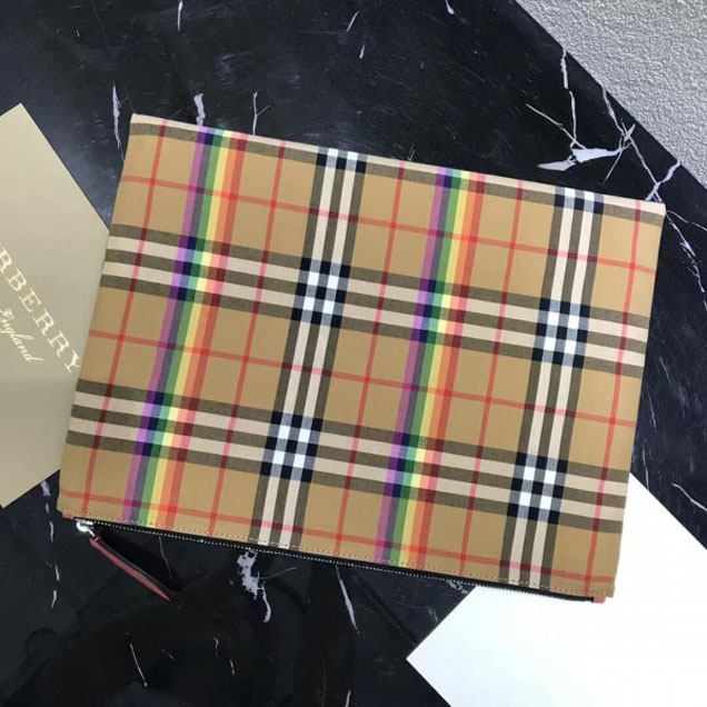 Burberry Large Rainbow Vintage Check Pouch Pink Leather 2018 Collection