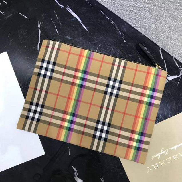 Burberry Medium Rainbow Vintage Check Pouch Black Leather 2018 Collection