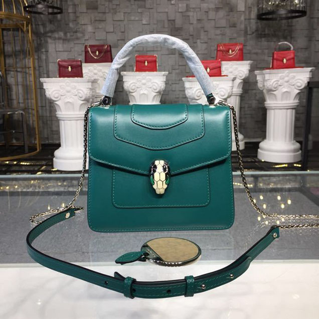 Bulgari Serpenti Forever Shiny Black and White Enamel with Green Malachite Eye Closure 18cm Mini Bag Calfskin Leather Spring Summer 2018 Collection Forest Emerald