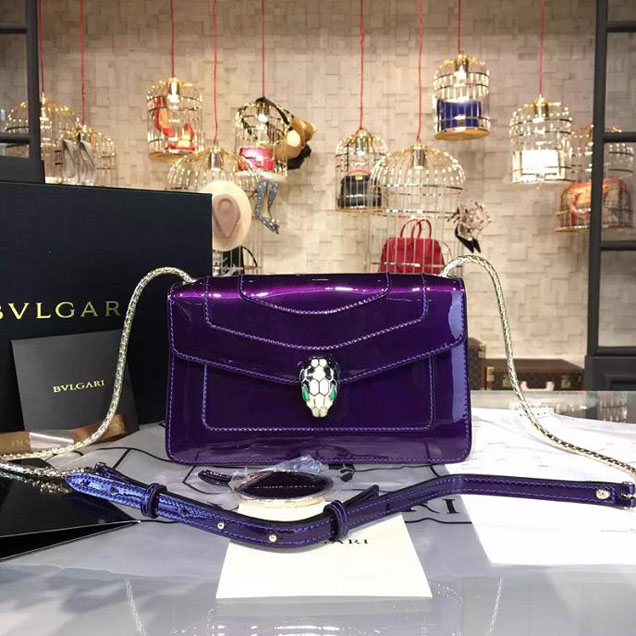 Bulgari Serpenti Flap Clutch Bag Patent Calfskin Leather Fall Winter 2015 Collection Purple