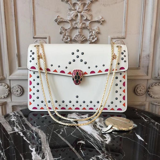 Bulgari Serpenti Star Studs Bag 27cm Large with Two Gussets Bag Calfskin Leather Fall Winter 2017 Collection White