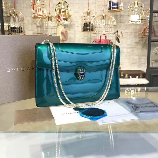 Bulgari Serpenti 27cm Large with Two Gussets Bag Fall 2016 Collection Patent Calfskin Leather Green