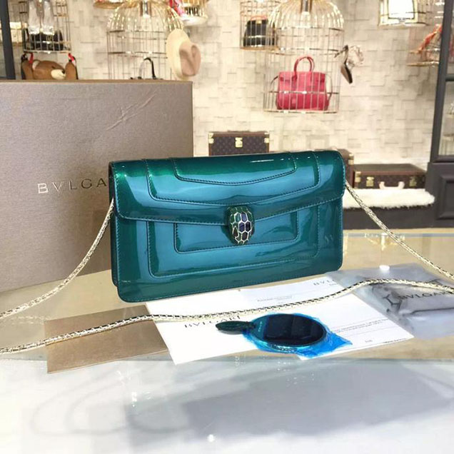 Bulgari Serpenti 23cm Small Clutch Bag Fall 2016 Collection Patent Calfskin Leather Green