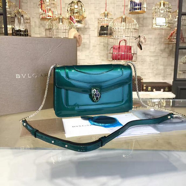 Bulgari Serpenti 22cm Medium with Single Gusset Bag Fall 2016 Collection Patent Calfskin Leather Green